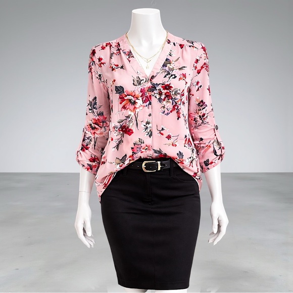Zac & Rachel Tops - Zac & Rachel Blush Floral Print Roll-Tab Sleeve Blouse